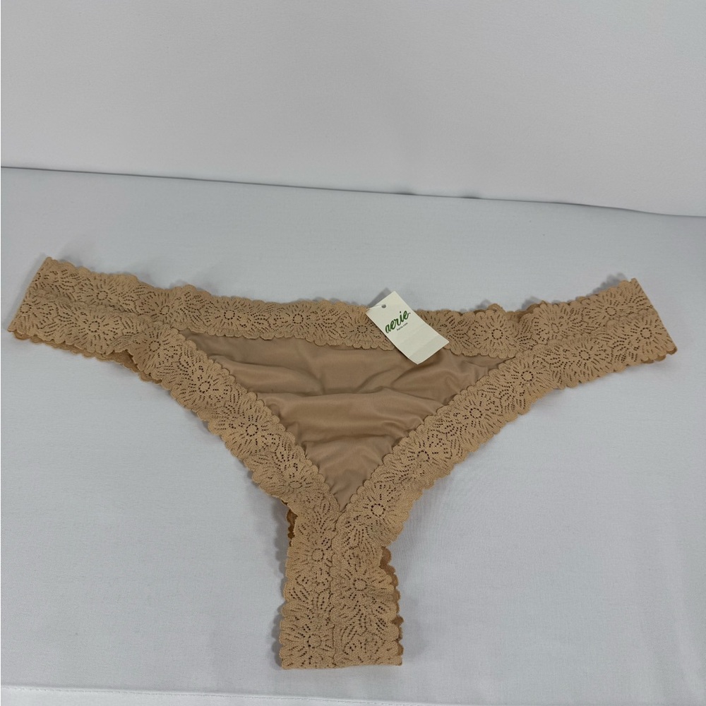 Aerie Lace Trim Thong - beige